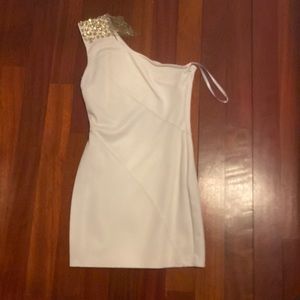 White one shoulder Bebe dress.